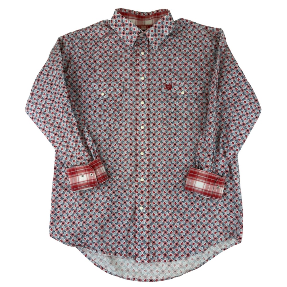 Panhandle Select Western Pearl Snap Shirt Mens Large Red Blue Geometric Pinwheel
